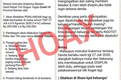 Denda Rp 250.000 apabila Tidak Pakai Masker di Banten Dipastikan Hoaks