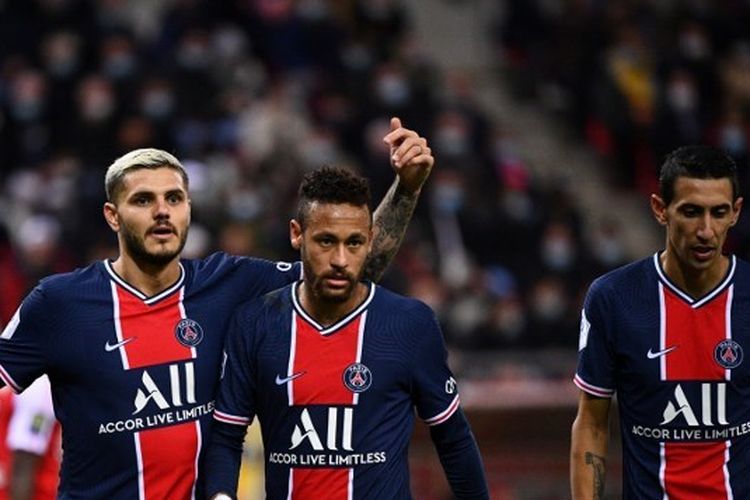 Dua penyerang Paris Saint-Germain (PSG), Mauro Icardi dan Neymar kala kontra Reims, Senin (28/9/2020) dini hari WIB di Liga Perancis.