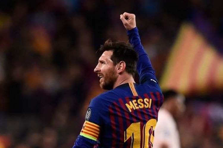 Messi saat merayakan gol di Liga Champions, Kamis (18/4/2019)