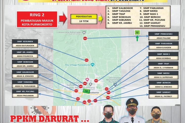 Penyekatan akses jalan menuju Purwokerto, Kabupaten Banyumas, JawaTengah.