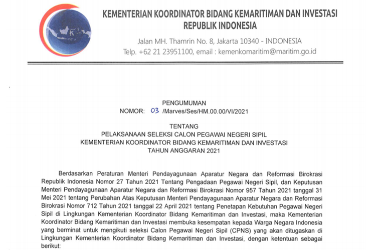 Informasi soal seleksi calon pegawai negeri sipil (CPNS) 2021 di Kementerian Koordinator Bidang Kemaritiman dan Investasi (Kemenko Marves).