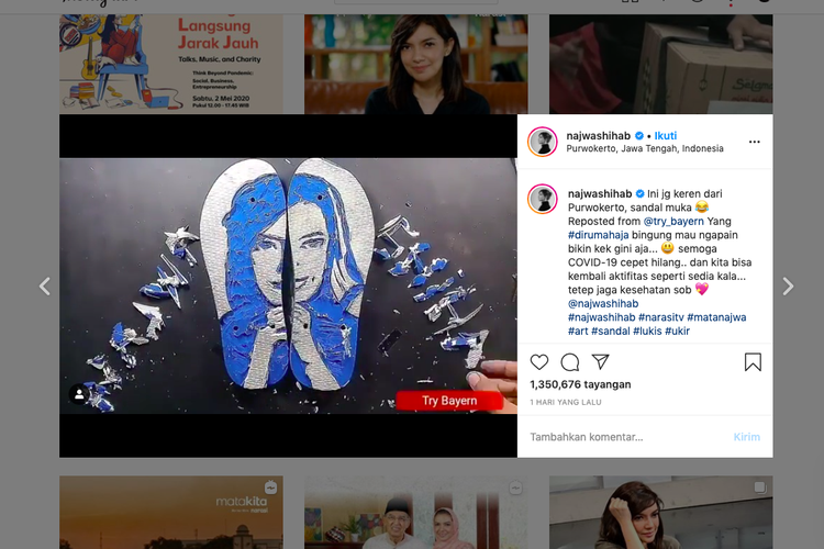 Gambar Najwa Shihab dalam medium sandal yang dibuat Triyono diposting oleh Najwa di instagramnya