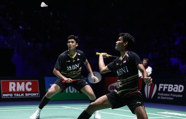 Muhammad Shohibul Fikri/Bagas Maulana saat melawan He Ji Ting/Ren Xiang Yu (China) pada semifinal French Open 2023 di Glaz Arena, Rennes, Perancis, Sabtu (28/10/2023). Terkini, Fikri/Bagas kalah dari Satwiksairaj Rankireddy/Chirag Shetty (India) pada babak 32 besar Malaysia Open 2024. 