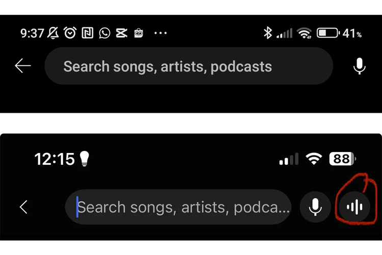 (atas) Tampilan pencarian YouTube Music sebelumnya dan (bawah) tampilan pencarian YouTube Music versi baru yang sudah ada ikon Song di samping Voice Search. Kehadiran fitur ini dilaporkan oleh salah satu pengguna Reddit