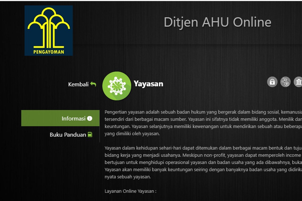 Cara mendirikan Yayasan online di ahu.go.id/yayasan.