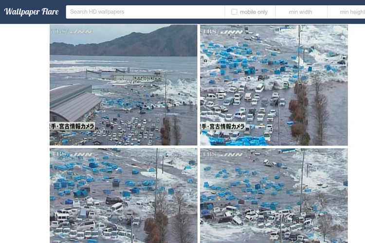 Tangkapan layar situs Walpaper Flare menampilkan tangkapan layar pemberitaan saat terjadi tsunami di Jepang dengan watermark TBS dan JNN.
