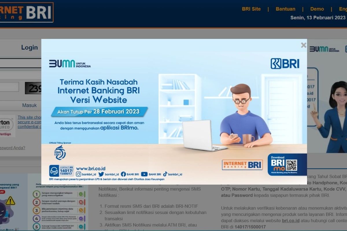 Pengumuman BRI menghentikan layanan Internet Banking BRI versi website per 28 Februari 2023.