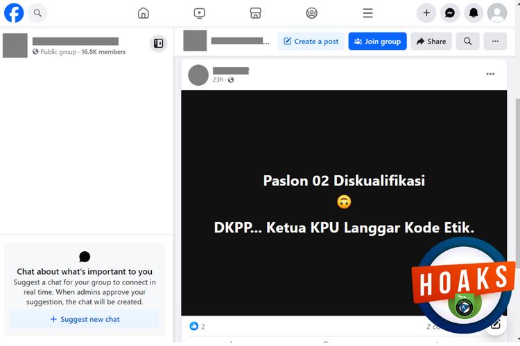 Tangkapan layar konten hoaks di sebuah akun Facebook, Senin (5/2/2024), soal putusan sidang DKPP mendiskualifikasi paslon Prabowo-Gibran.