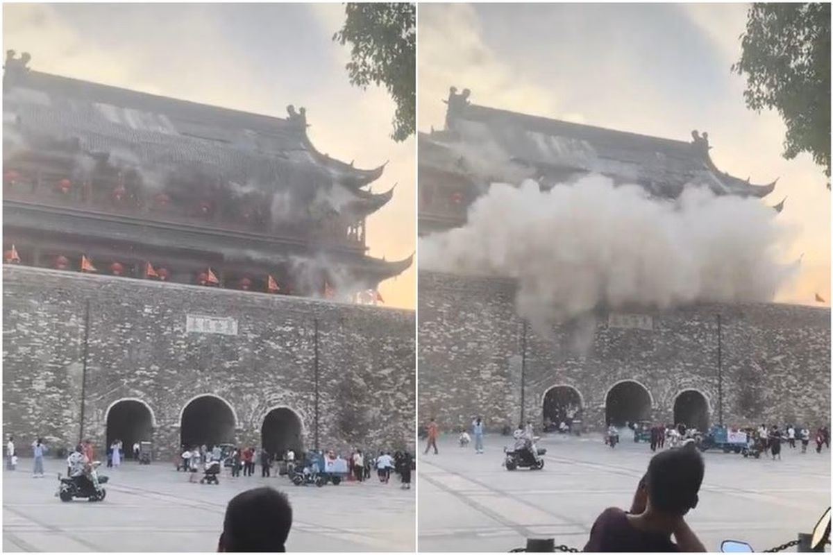Tangkapan layar dari video genteng Menara Genderang (Drum Tower) Fenyang berusia 650 tahun yang ambruk di Provinsi Anhui, China, 19 Mei 2025.