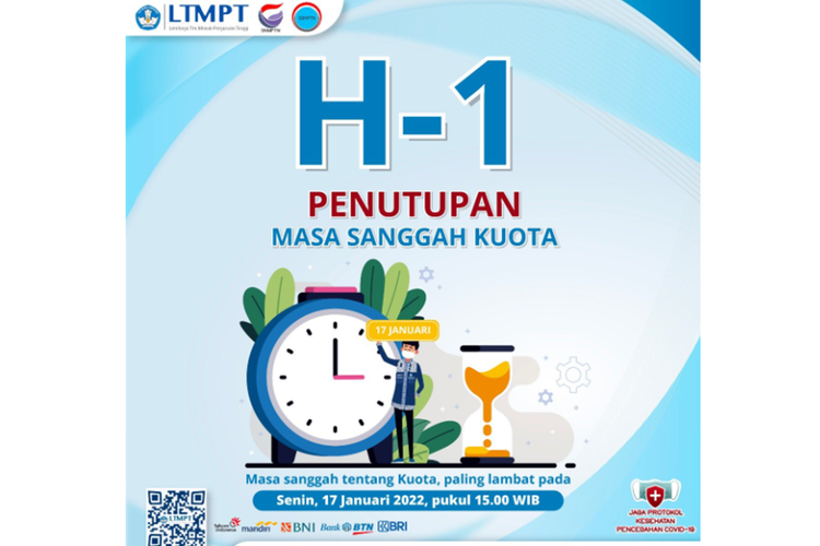 Lembaga Tes Masuk Perguruan Tinggi Negeri (LTMPT) mengumumkan masa sanggah kuota sekolah untuk Seleksi Nasional Masuk Perguruan Tinggi Negeri (SNMPTN) 2022 akan ditutup Senin (17/1/2022) pukul 15.00 WIB.