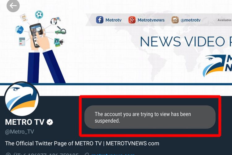 Akun Twitter Metro TV yang terkena suspend oleh Twitter.