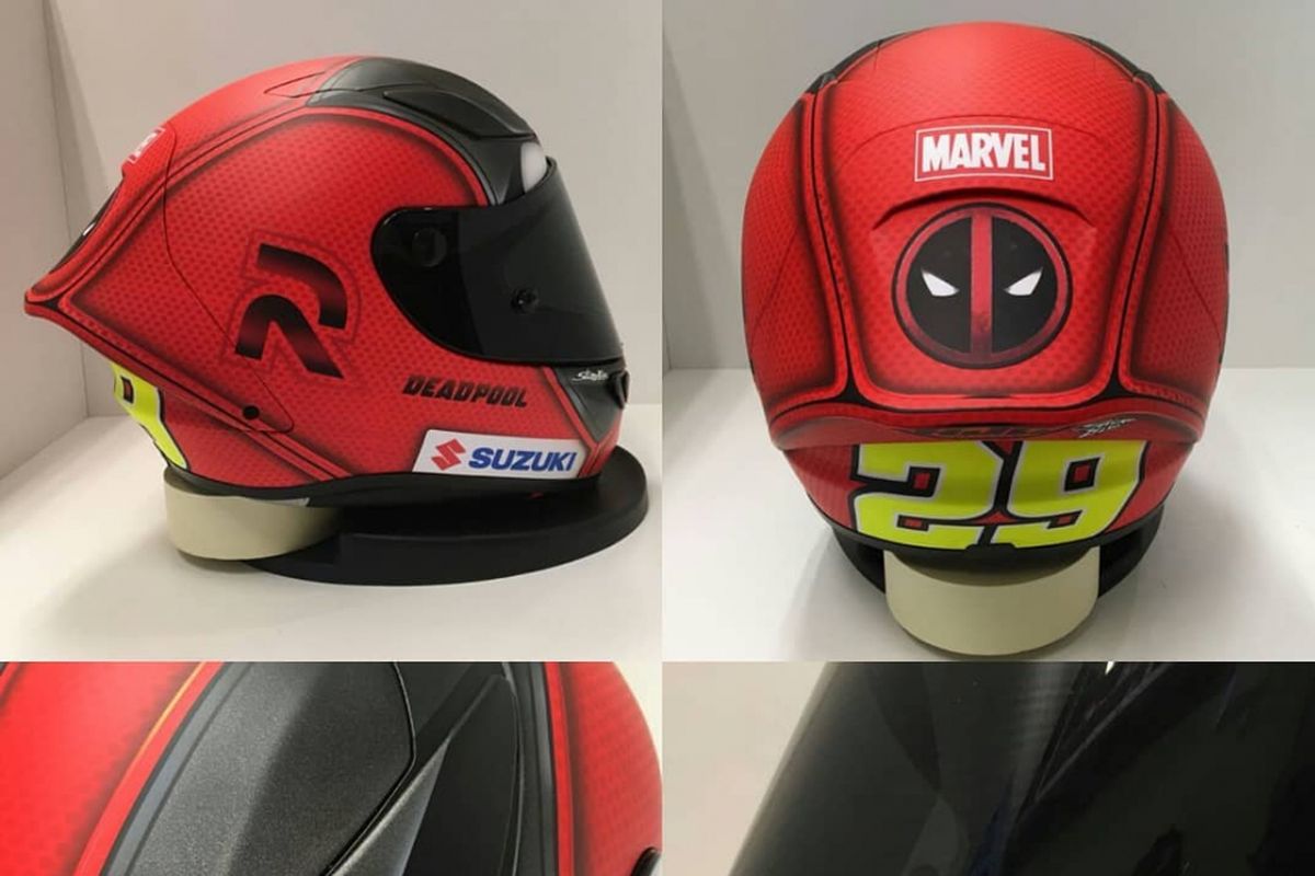 Helm bertema Deadpool yang akan dikenakan pebalap Suzuki Ecstar Andrea Iannone