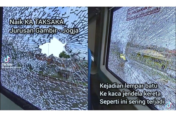 Terjadi pelemparan batu yang menyebabkan salah satu sisi kaca pada Kereta Api (KA) Taksaka rute Gambir-Yogyakarta pecah, Rabu (4/1/2023).