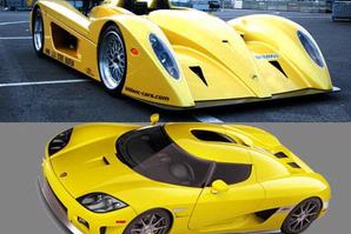 LeBlanc Mirabeau mirip mobil lomba ketahanan Le Mans (atas) dan Koenigsegg CCX (bawah), dua mobil menggunakan mesin yang sama