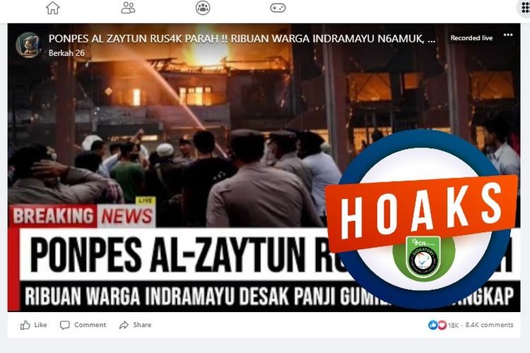 Tangkapan layar Facebook narasi yang menyebut ribuan warag Indramayu mengamuk dan merusak bangunan Ponpes Al-Zaytun