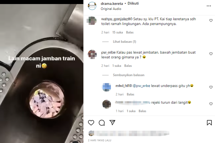 Tangkapan layar unggahan video bernarasi toilet di kereta tampak bolong tanpa tadah.