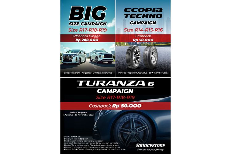 Bridgestone menawarkan promo spesial yang berlangsung pada 1 Agustus?30 November 2025 di TOMO (toko model) serta toko ban umum terdekat di kota Anda