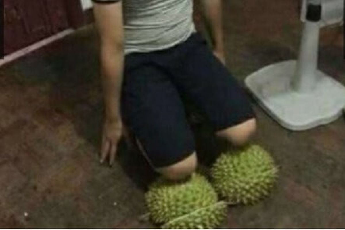 Gambar promosi kulit durian yang diunggah di toko online di Malaysia untuk digunakan sebagai alat hukuman bagi suami yang pulang larut malam hingga selingkuh.