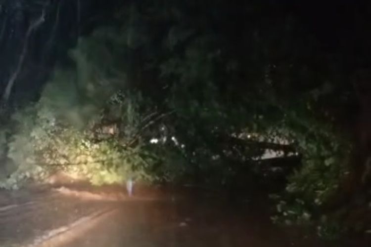 Jalur jalan provinsi penghubung Sumedang-Malangbong Garut longsor, Selasa (8/4/2024) dini hari WIB. KOMPAS.com/Screenshoot Video Sebaran WhatsApp