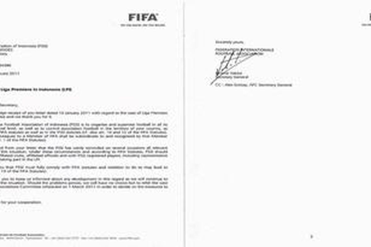 Surat FIFA kepada PSSI terkait LPI.