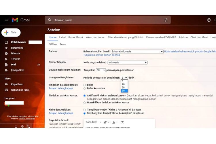 Tangkapan layar pengaturan Gmail soal membatalkan email yang terkirim