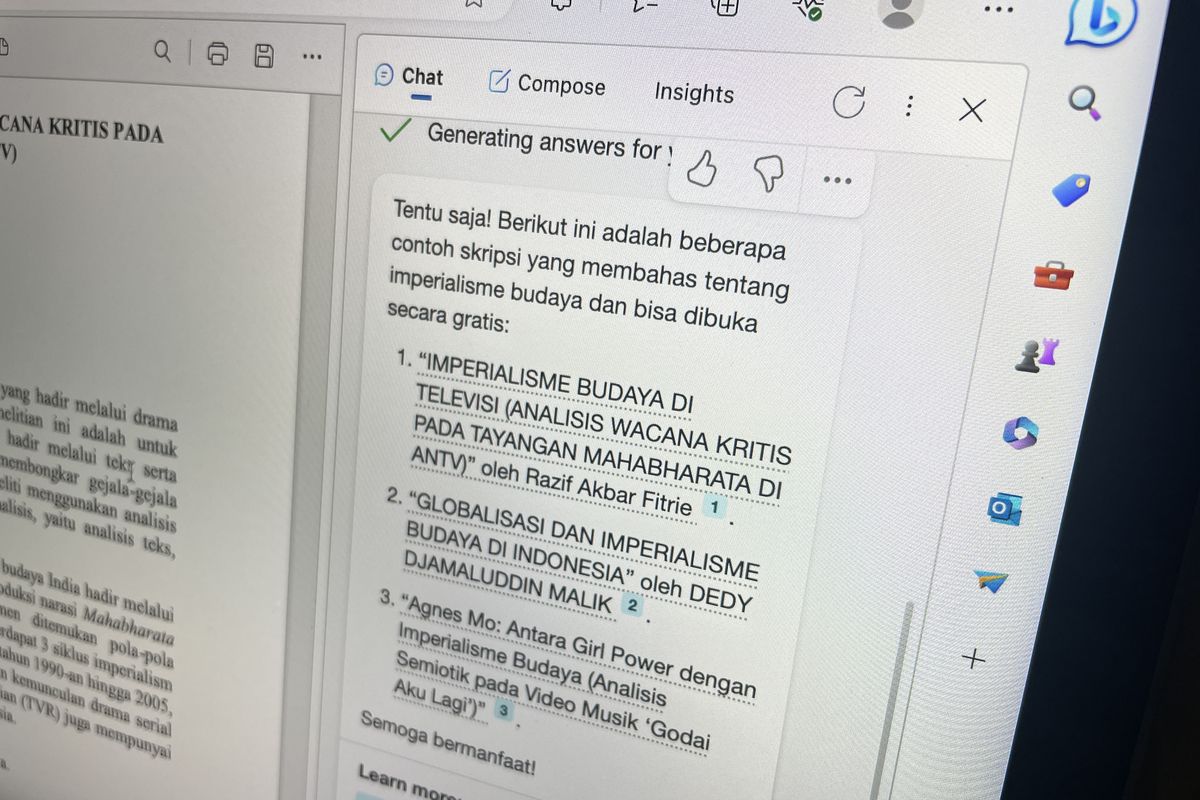 Mencari contoh skripsi dengan Bing AI.