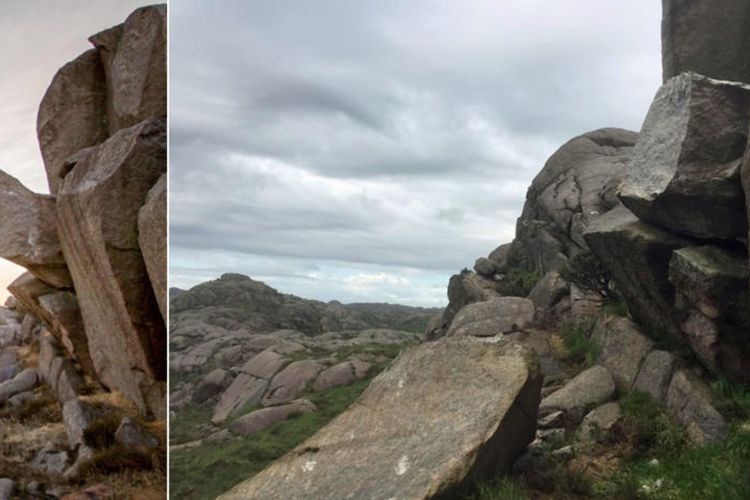 Trollpikken, obyek wisata paling populer di Eigersund, Norwegia. Gambar kiri menunjukkan kondisi asli batu penis itu, dan gambar kanan tampak telah dipotong. Perusakan diduga dilakukan pada Sabtu (24/6/2017).