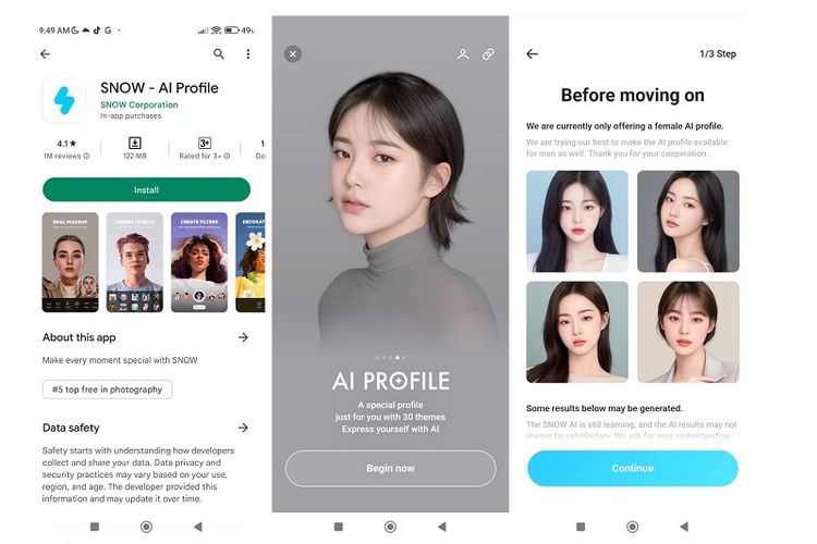 Aplikasi Snow AI Profile untuk ubah wajah mirip artis Korea, bisa didownload di App Store dan Play Store gratis.