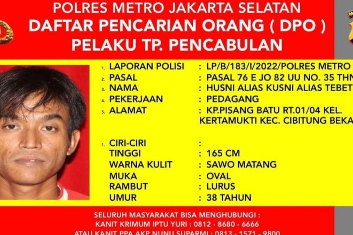 Polres Metro Jakarta Selatan telah menetapkan tukang siomay berinisial K alias Tebet sebagai daftar pencarian orang (DPO) kasus pemerkosaan terhadap anak perempuan, ZF (6). 