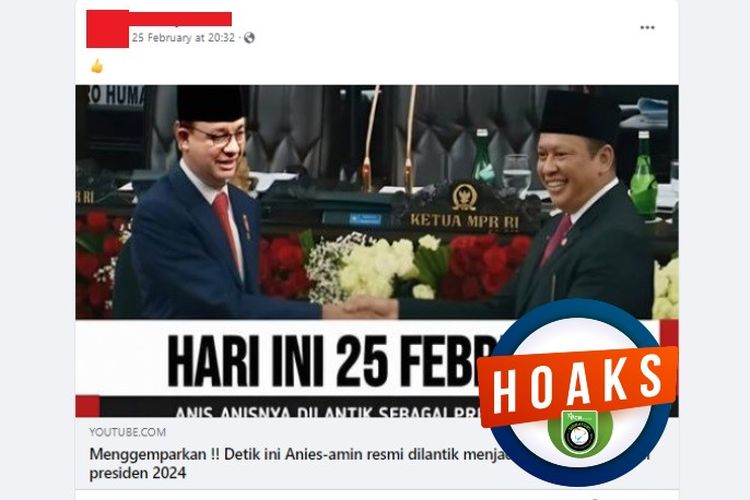 Tangkapan layar Facebook narasi yang menyebut Anies dan Muhaimin dilantik menjadi presiden-wakil presiden pada 25 Februari