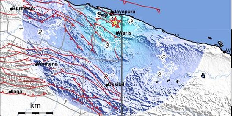 Peta wilayah yang terdampak gempa 5,0 Magniotudo di Jayapura, Selasa (4/2/2020) pukul 17.40 WIB