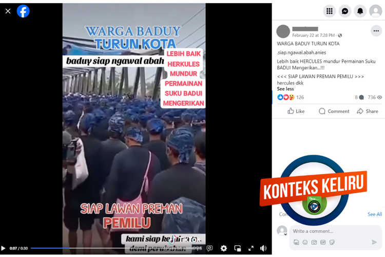 Tangkapan layar konten dengan konteks keliru di sebuah akun Facebook, Kamis (22/2/2024), soal suku Baduy turun gunung mengawal Pemilu 2024.