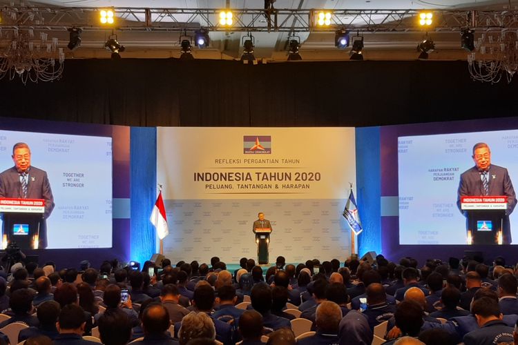 SBY menyampaikan pidato refleksi pergantian tahun di JCC Senayan, Jakarta, Rabu (11/12/2019).