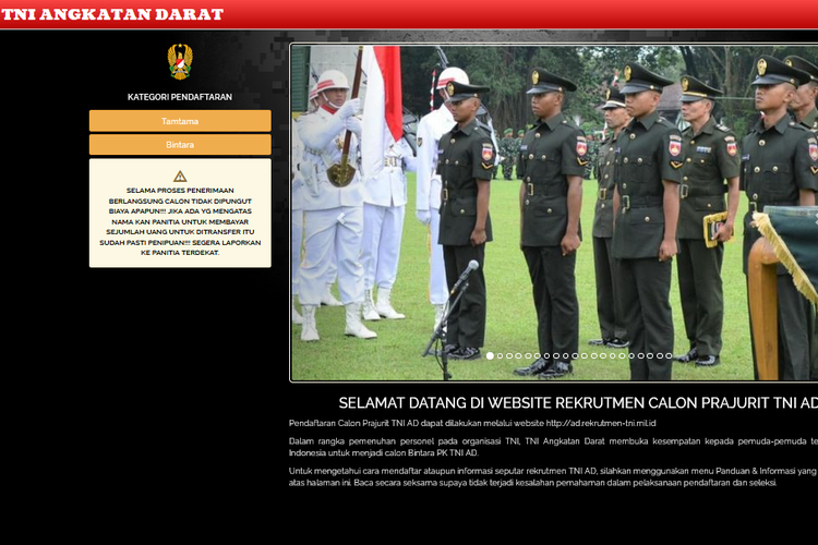 Tangkapan layar laman resmi Rekrutmen TNI AD 2025. Rekrutmen TNI Aangkatan Darat. Rekrutmen Bintara TNI AD 2025. Rekrutmen Tamtama TNI AD 2025.
