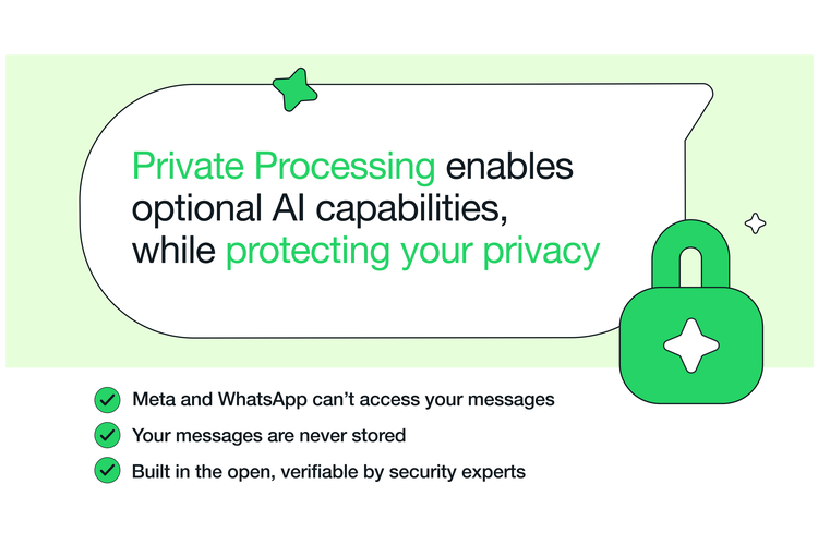Meta mengumumkan Private Processing untuk WhatsApp, teknologi pemrosesan data baru, secara aman dan rahasia. Ini memungkinkan pengguna memanfaatkan fitur AI seperti meringkas chat atau mendapatkan saran penulisan, tanpa mengorbankan privasi.