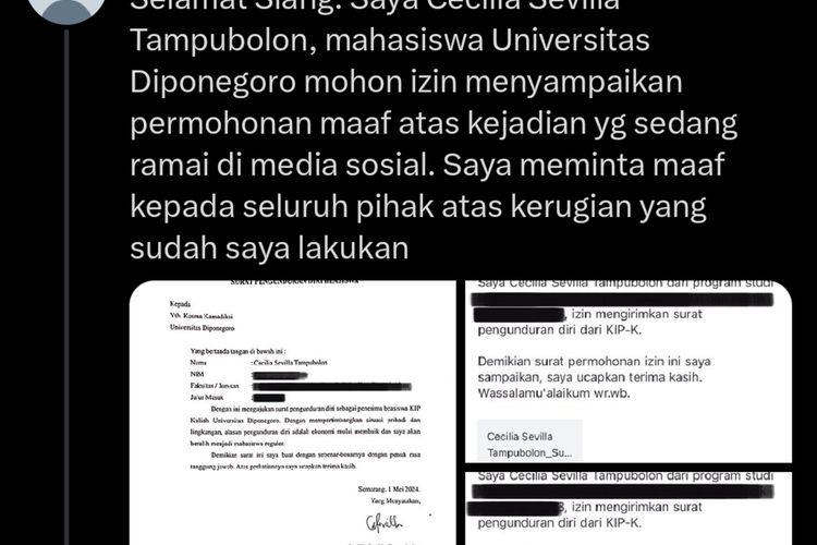 KIP KULIAH: Tangkapan layar pengunduran diri salah satu mahasiswa UNDIP dari KIP Kuliah di media sosial.