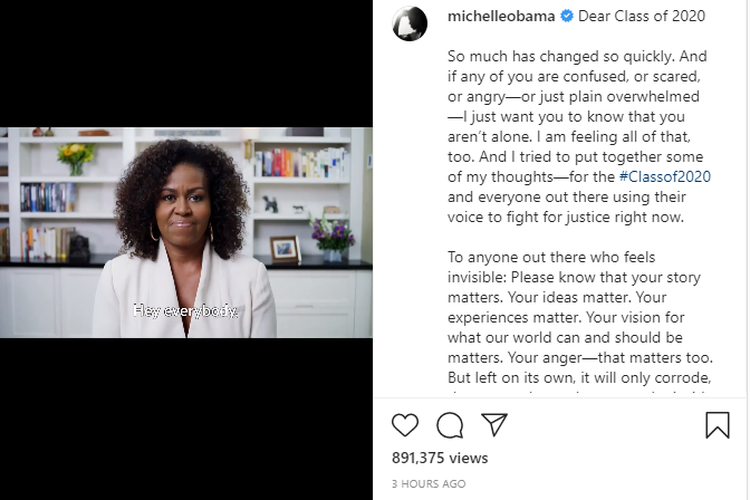Tangkapan layar unggahan video pidato Michelle Obama Dear Class of 2020 di Instagram