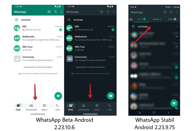 Tampilan WhatsApp beta untuk Android dengan bila navigasi di bawah (kiri) versus tampilan WhatsApp stabil untuk Android.