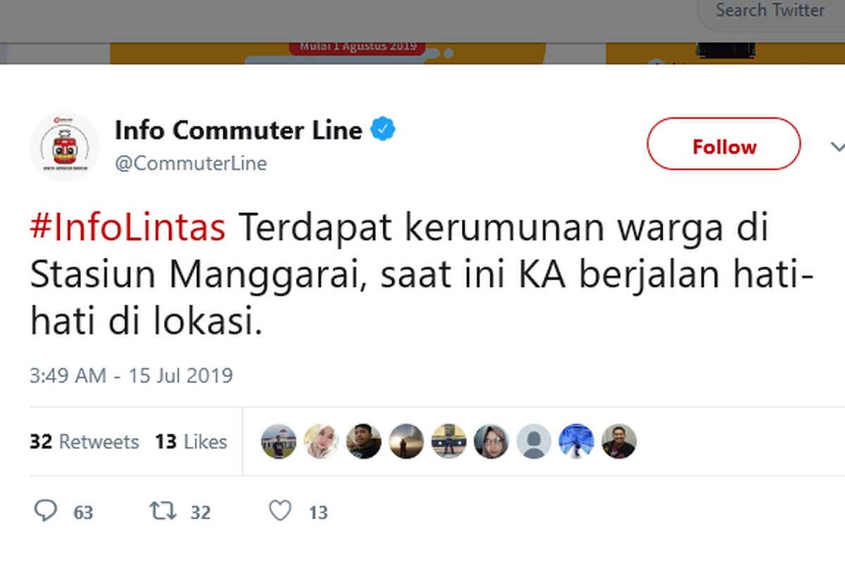Informasi mengenai penyebab gangguan KRL menuju Stasiun Manggarai pada Senin (15/7/2019) pukul 17.17 WIB.