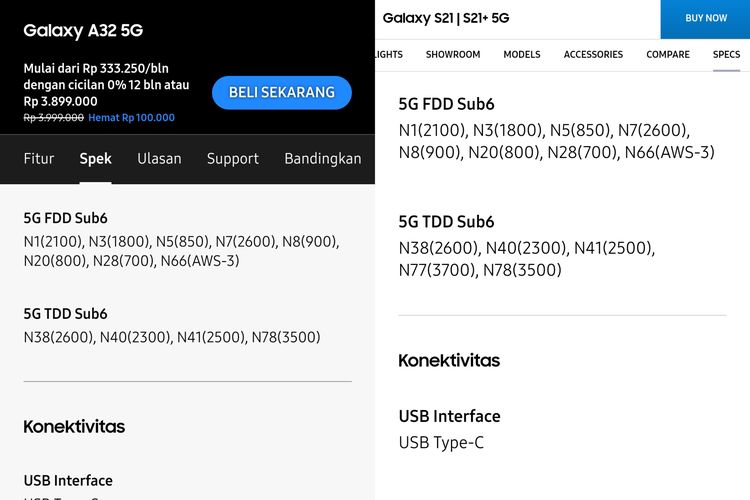 Samsung Galaxy A32 5G (kiri) dan Galaxy S21 (kanan) yang sudah dukung 5G n40.