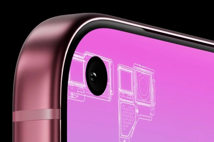Render kamera depan iPhone 18 Pro. Kamera selfie diklaim berpindah ke sudut kiri atas layar dan tampil dalam satu lubang kecil.