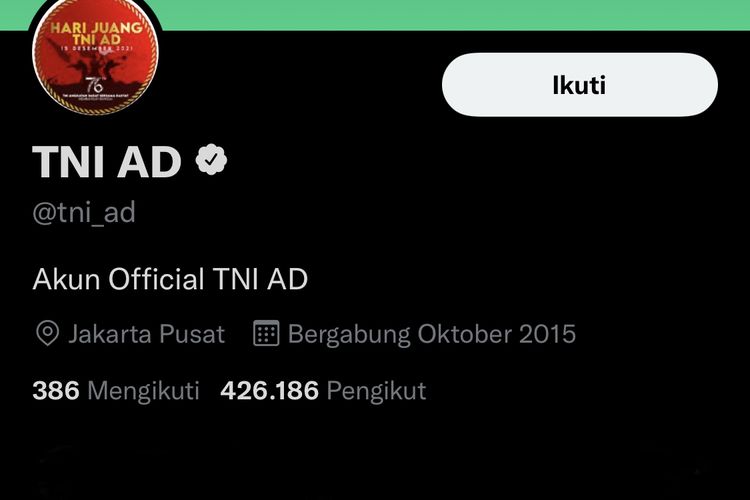 Akun resmi Twitter TNI Angkatan Darat, @tni_ad kini telah kembali pulih teritung pada Selasa (13/9/2022).