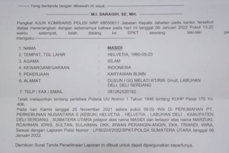 Masidi, pensiunan PTPN 2 bersama tim penasihat hukumnya usai mengadukan Direktur PTPN 2, Irwan Perangin-angin ke Polda Sumut yang diduga terlibat dalam pembongkaran dan perusakan rumah para pensiunannya, Kamis (6/1/2022)