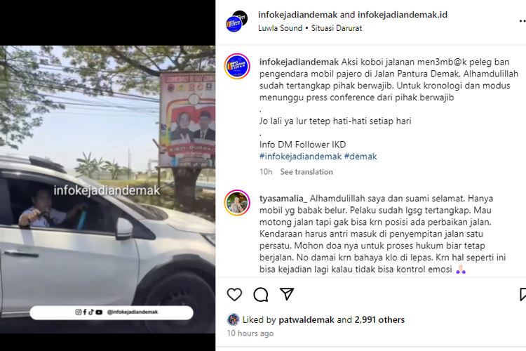 Aksi koboi, pengendara Mobilio tembak mobil Pajero karena tidak mau mengalah di jalan smepit akibat ada pengecoran di Jalan Trengguli, Demak.