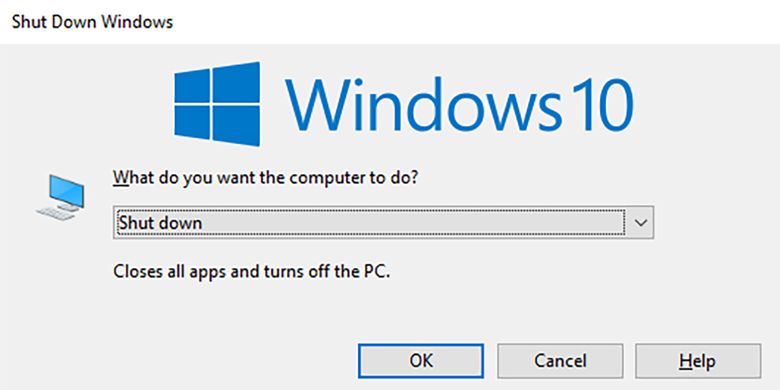 Menu Shut Down yang muncul dengan menekan tombol Alt + F4. Tombol panah di keyboard bisa digunakan untuk memilih opsi di menu drop down.  
