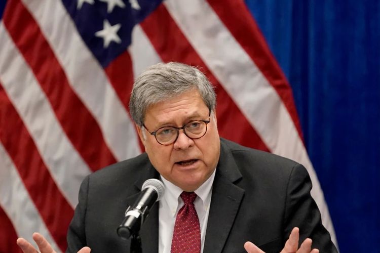 Mantan Jaksa Agung AS, William Barr, berbicara di sebuah diskusi di St Louis, pada 15 Oktober 2020. Foto diambil saat ia masih masih menjabat sebagai Jaksa Agung. 