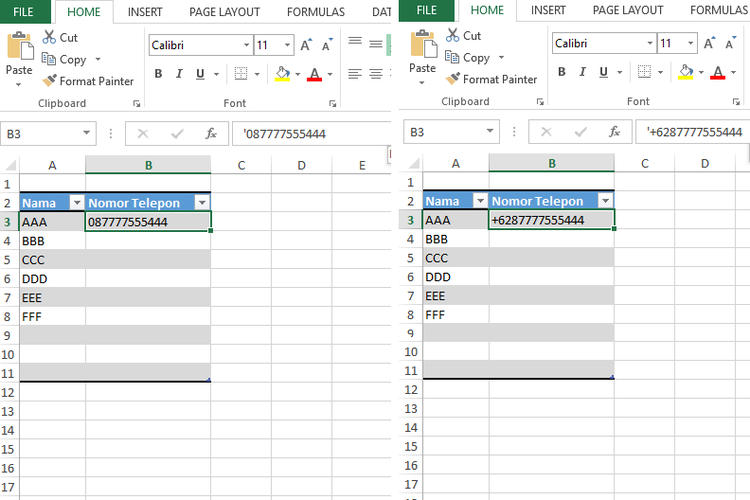 Ilustrasi cara masukan nomor telepon di Excel