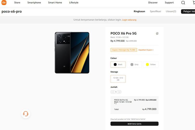 Poco X6 Pro 5G juga sudah tidak bisa dibeli lewat toko online Xiaomi Indonesia pada Jumat (2/2/2024) karena stok habis. 