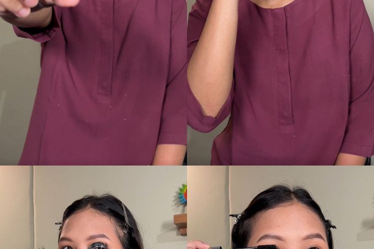 Model yang sedang melakukan step pada tahapan makeup sederhana, Jakarta Barat, Kamis (07/03/2024).