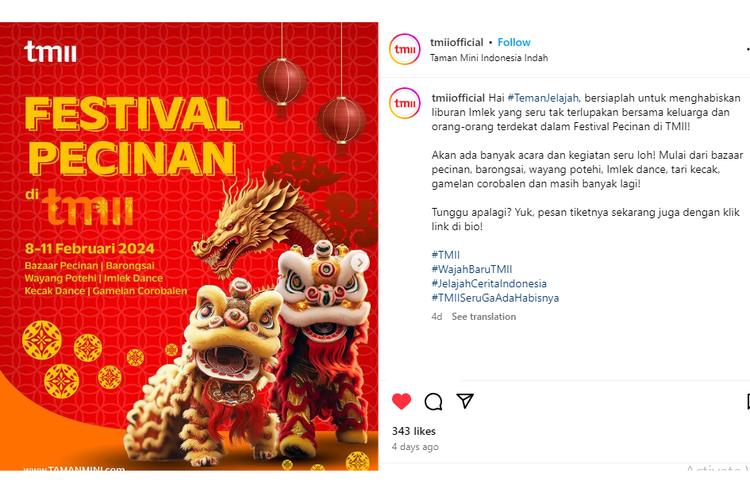 Taman Mini Indonesia Indah (TMII), Jakarta Timur menggelar Festival Pecinan untuk menyemarakkan Tahun Baru Imlek 2575 Kongzili.
